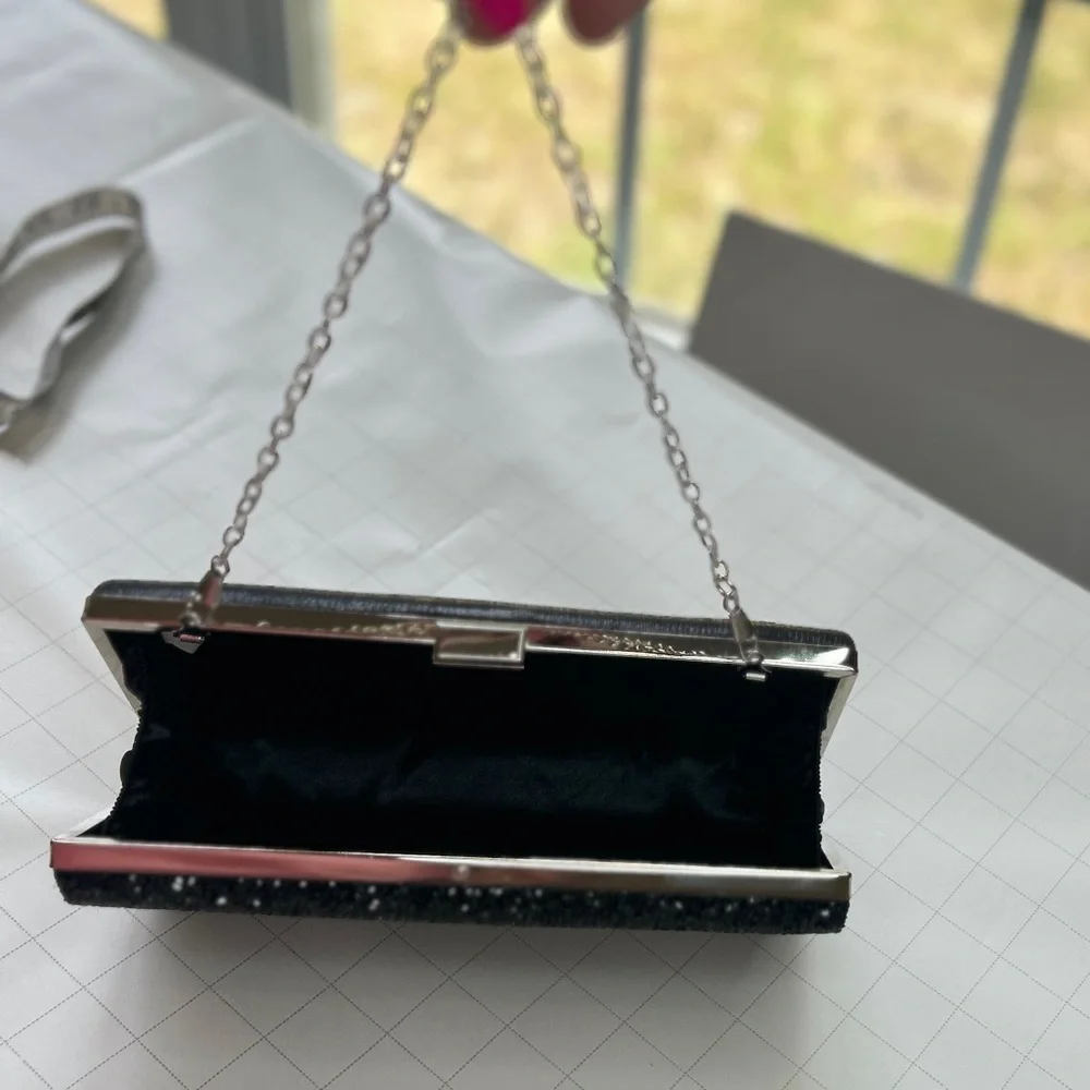 Formal Clutch Handbag Black Crushed Glass Stone Chain Strap cocktail